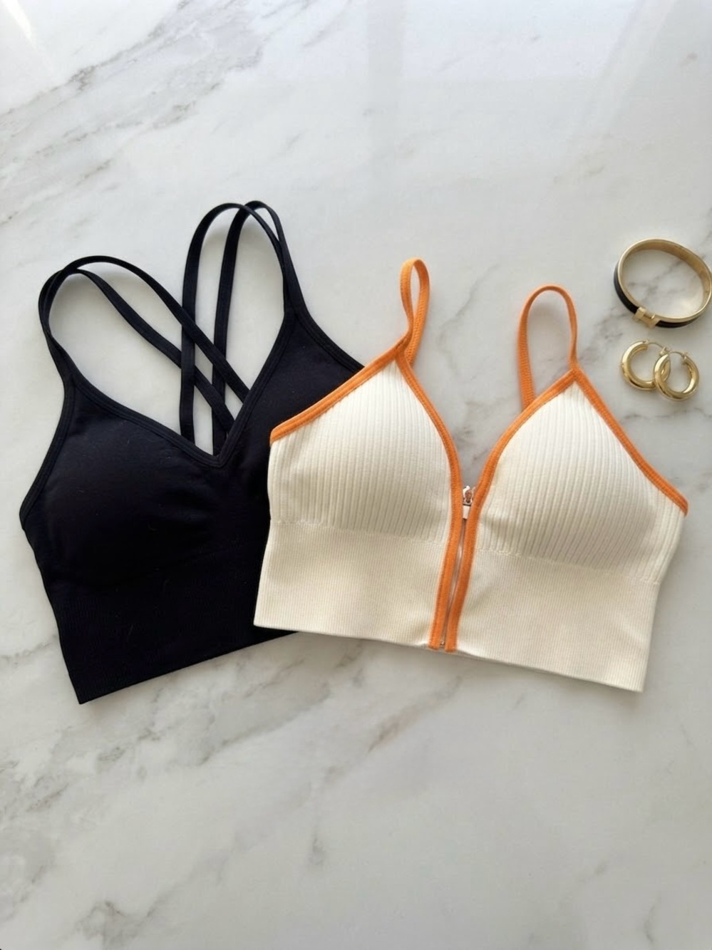 Zella Ribbed Zip-Front Bralette Duo — Cream with Orange Trim & Black